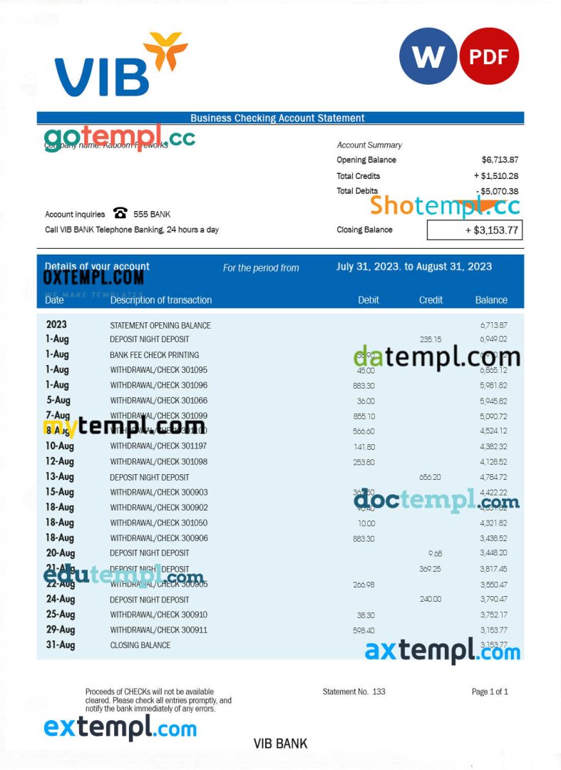 VIB Bank business checking account statement Word and PDF template