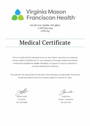 Virginia Mason Medical Center medical certificate template in Word and PDF formats