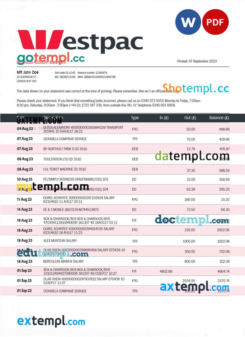 Westpac Bank organization statement Word and PDF template