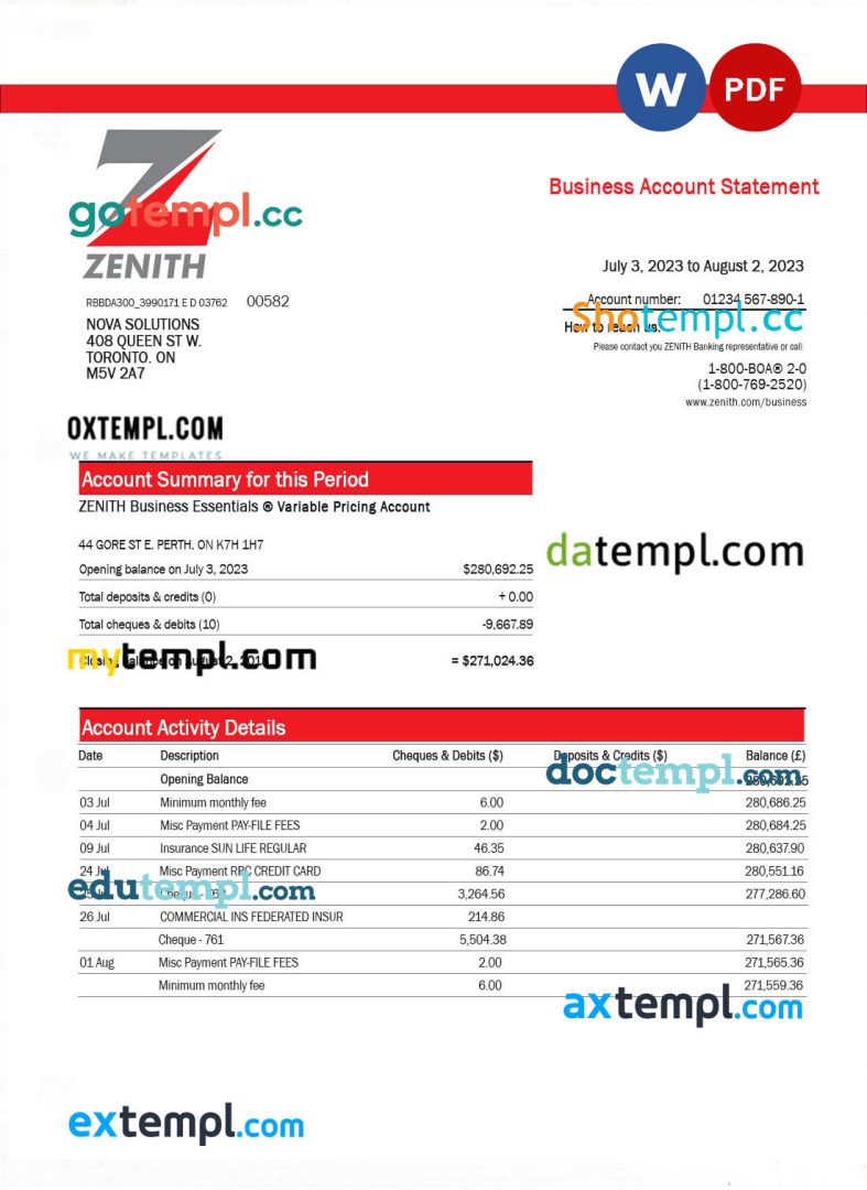 Zenith Bank business checking account statement Word and PDF template