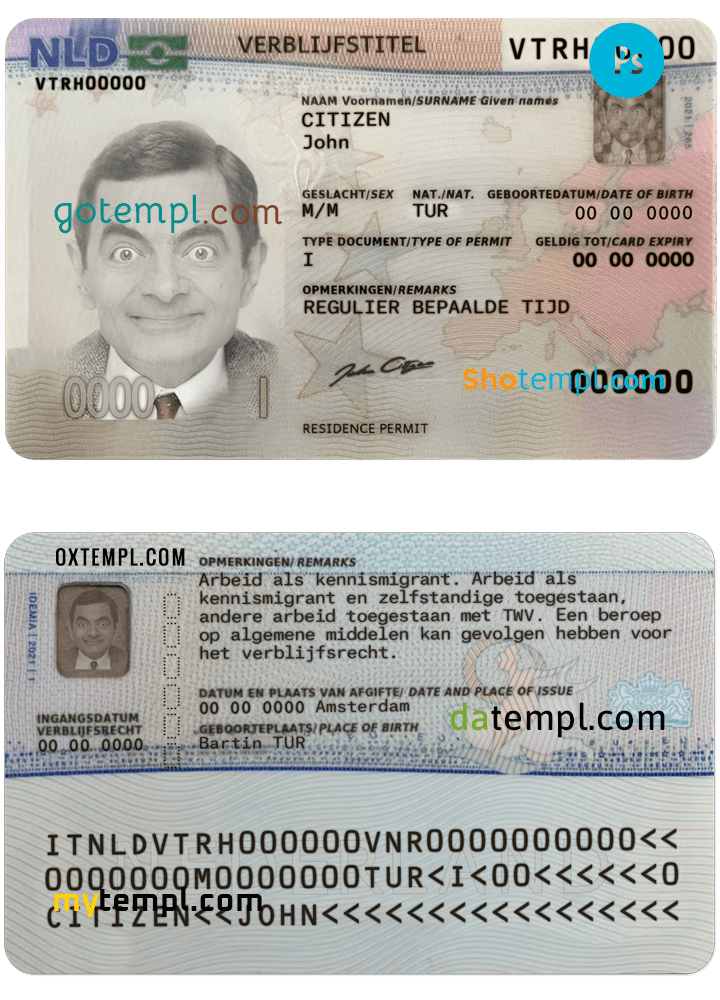 Netherlands residence permit PSD example, fully editable, with fonts