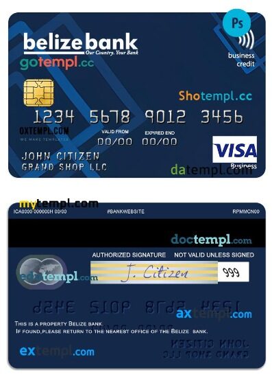 Belize Belizebank visa business credit card template in PSD format