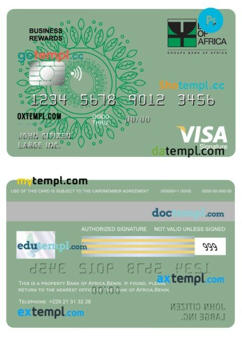 Benin bank of Africa business rewards visa card template in PSD format