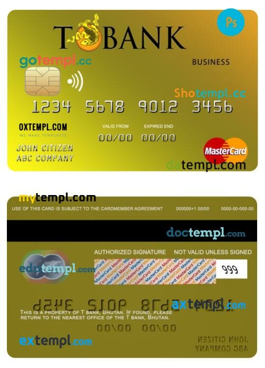 Bhutan T bank business mastercard template in PSD format