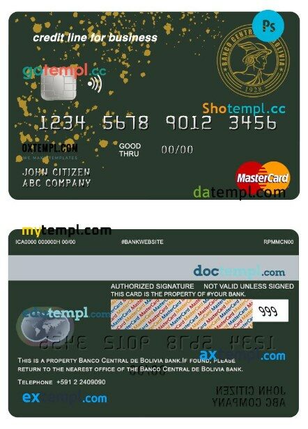 Bolivia Banco central de bank business credit mastercard template in PSD format