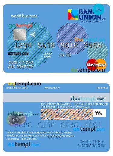 Bolivia Union bank world business mastercard template in PSD format