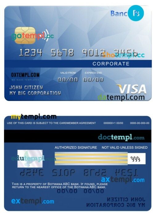Botswana ABC bank visa corporate card template in PSD format