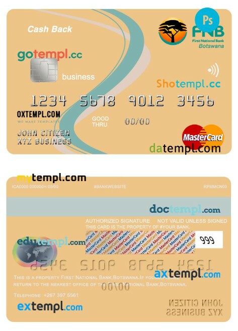 Botswana First National bank business cash back mastercard template in PSD format