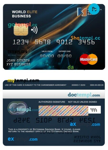 Botswana Savings bank world elite business mastercard template in PSD format