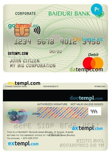 Brunei Baiduri bank corporate mastercard template in PSD format