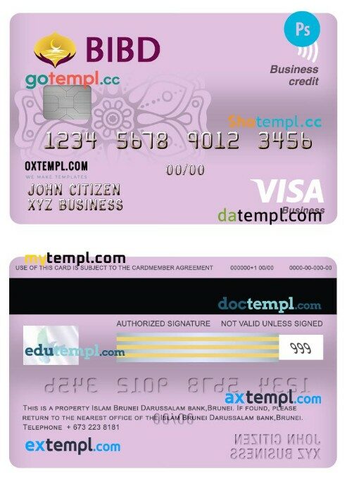 Brunei Bank Islam Darussalam business visa credit card template in PSD format