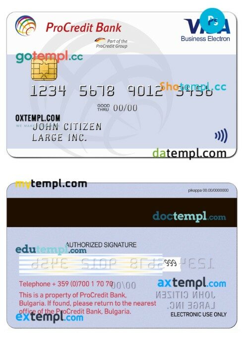 Bulgaria ProCredit Bank business visa electron card template in PSD format