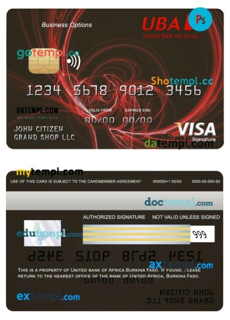 Burkina Faso United bank Africa business visa signature card template in PSD format