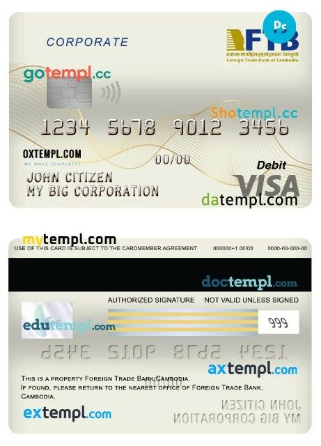 Cambodia Foreign Trade bank corporate visa debit card template in PSD format