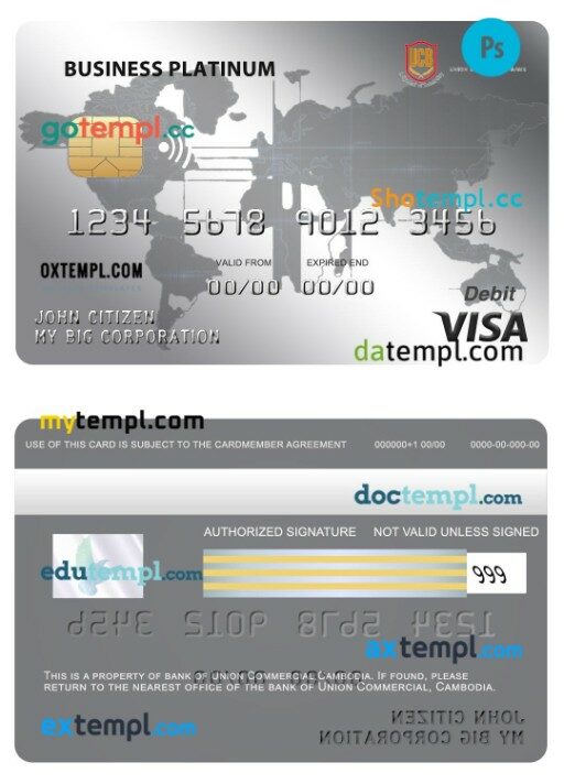 Cambodia Union Commercial bank business visa platinum card template in PSD format
