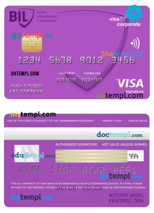 Canada Internationale pour le Centrafrique bank corporate visa signature card template in PSD format