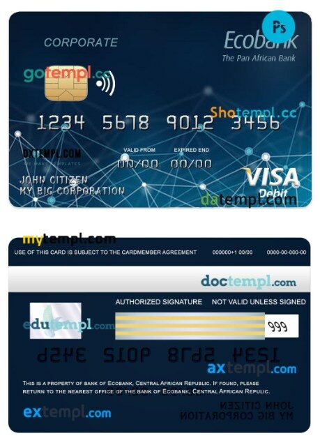 Central African Republic Ecobank bank visa corporate card template in PSD format