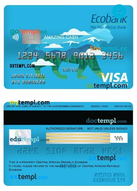 Central African republic Ecobank Amazing Cash visa business card template in PSD format