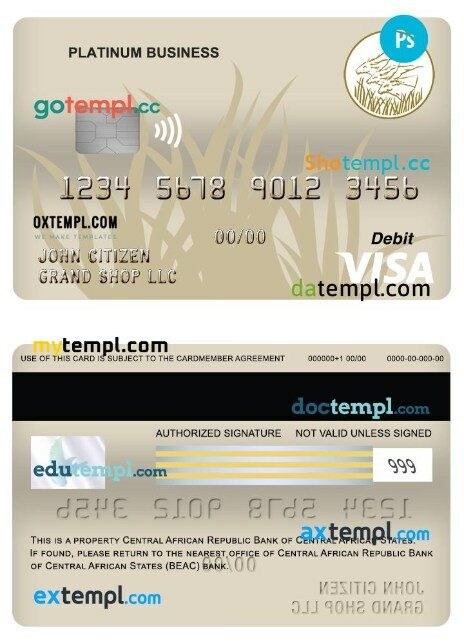 Central African republic bank of central african states (beac) bank platinum business visa debit card template in PSD format