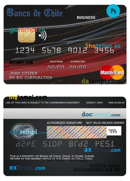Chile Banco de Chile bank business mastercard template in PSD format