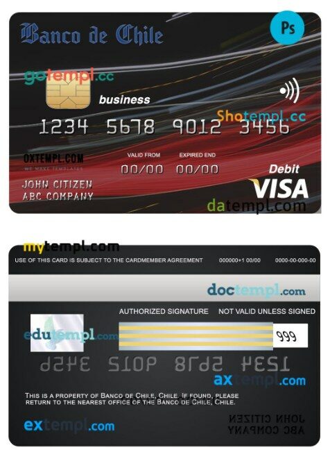 Chile Banco de Chile bank visa business card template in PSD format