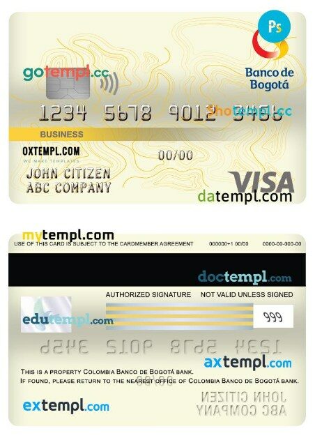 Colombia Banco de bogotá bank business visa card template in PSD format