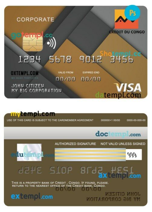 Congo Credit bank corporate visa card template in PSD format