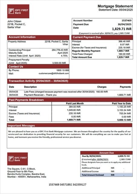 India IDFC First Bank mortgage statement Word and PDF template