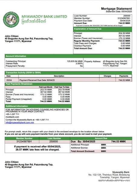 Myanmar Myawaddy Bank mortgage statement Word and PDF template