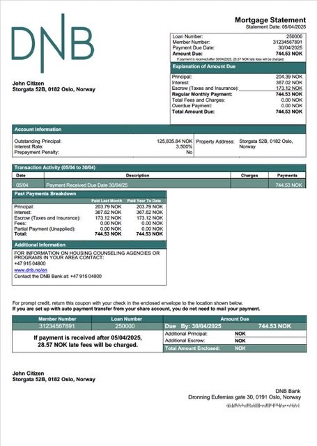 Norway DNB Bank mortgage statement Word and PDF template