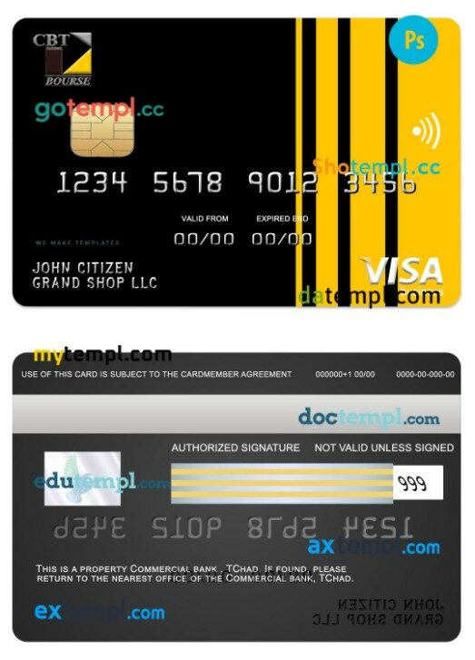 Chad TChad Commercial bank visa business card template in PSD format