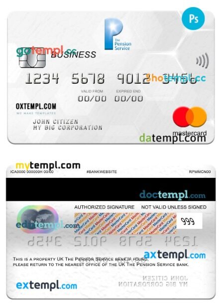 UK The Pension Service bank business mastercard template in PSD format
