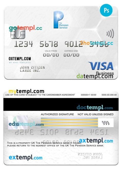 UK The Pension Service bank visa business card template in PSD format