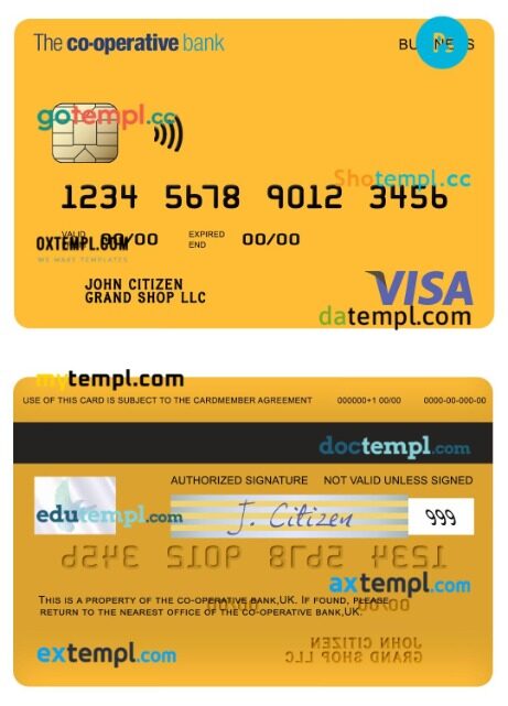UK The co-operative bank visa business card template in PSD format