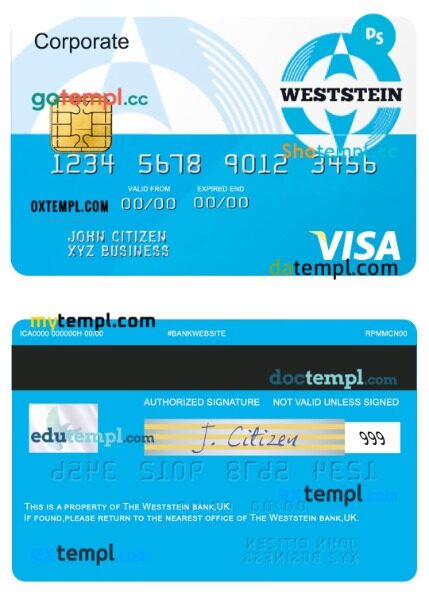 UK Weststein bank visa corporate card template in PSD format