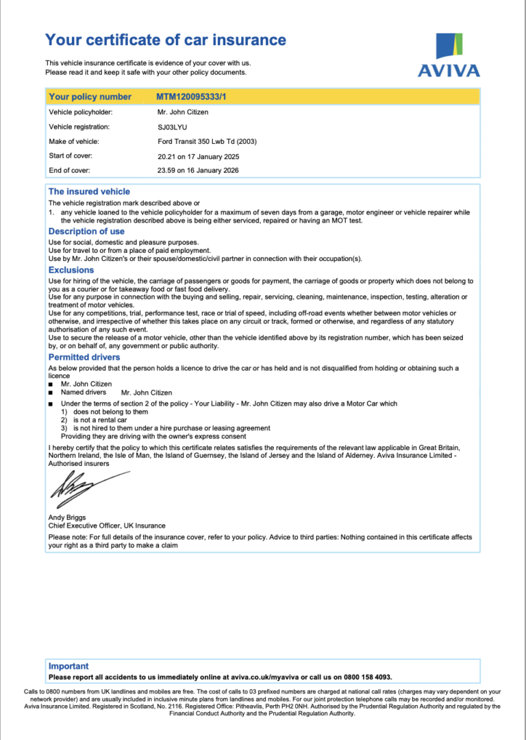 United Kingdom Aviva certificate of car insurance Word and PDF template