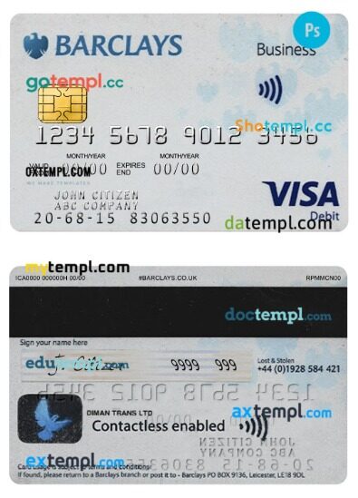 United Kingdom Barclays PLC visa business debit card template in PSD format