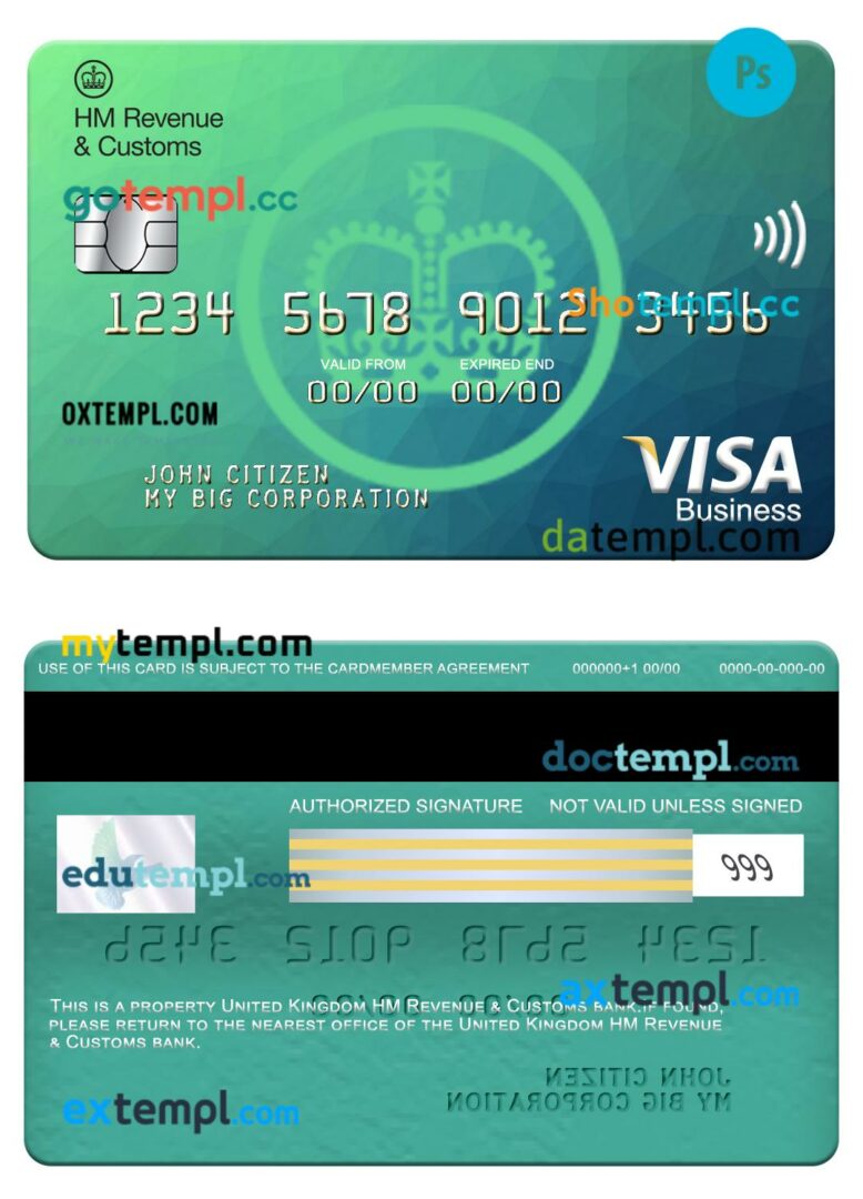United Kingdom HM Revenue & Customs bank visa business card template in PSD format