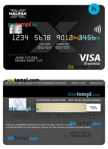 United Kingdom Halifax bank visa business card template in PSD format