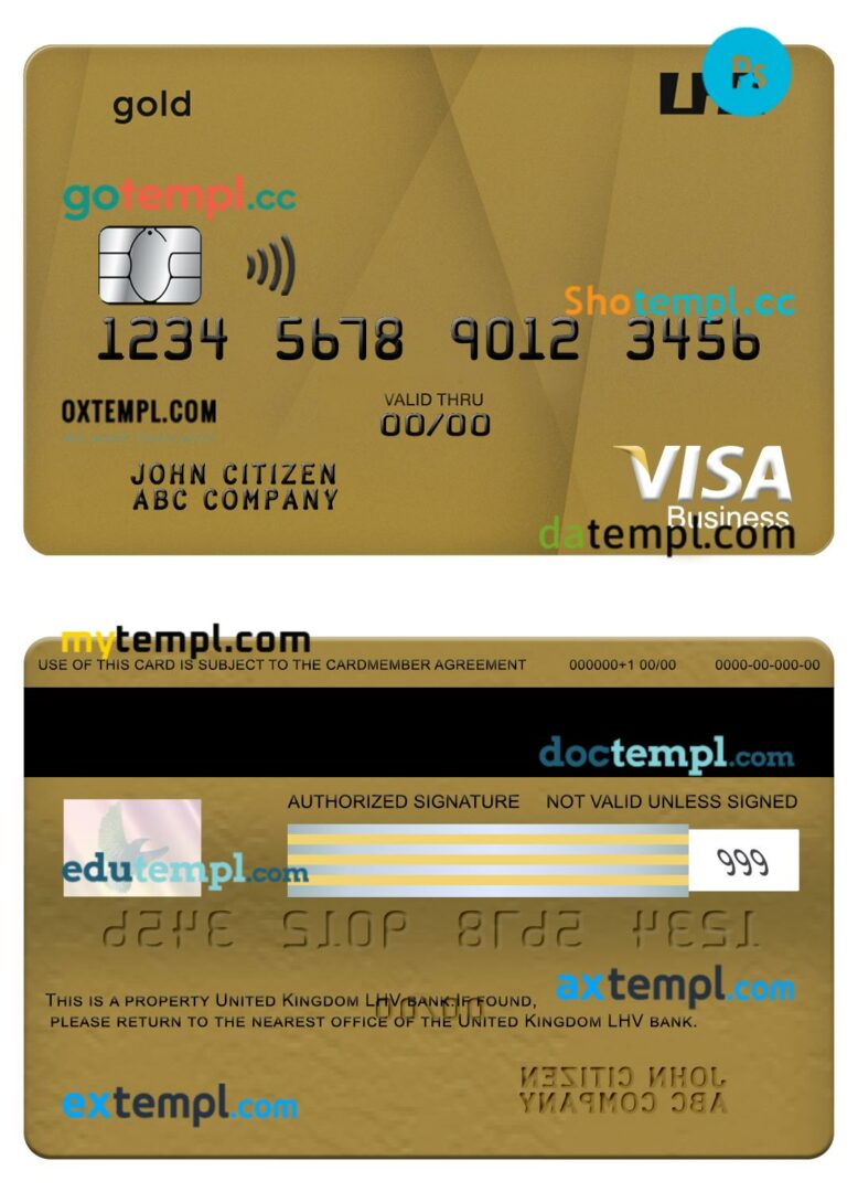 United Kingdom LHV bank visa gold business card template in PSD format