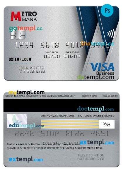 United Kingdom Metro Bank visa business card template in PSD format