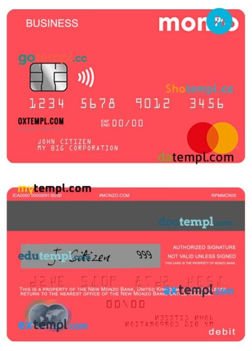 United Kingdom Monzo bank business debit mastercard template in PSD format
