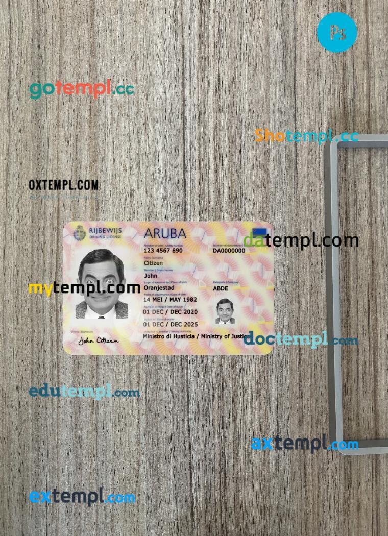 Aruba driving license PSD files, scan look and photographed image, 2 in 1