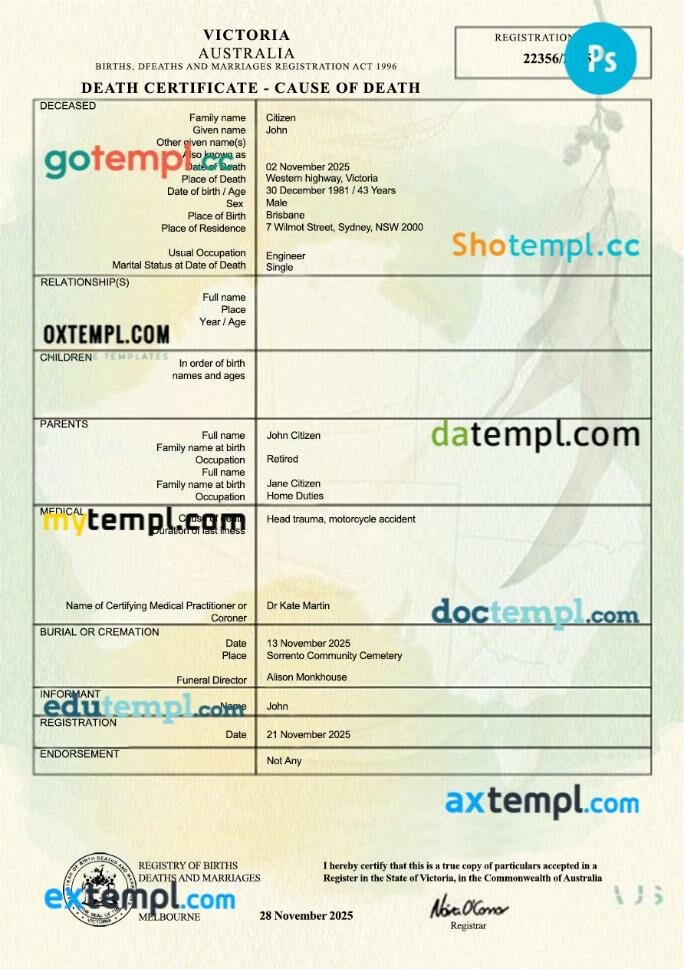 Australia Victoria death certificate template in PSDÂ format