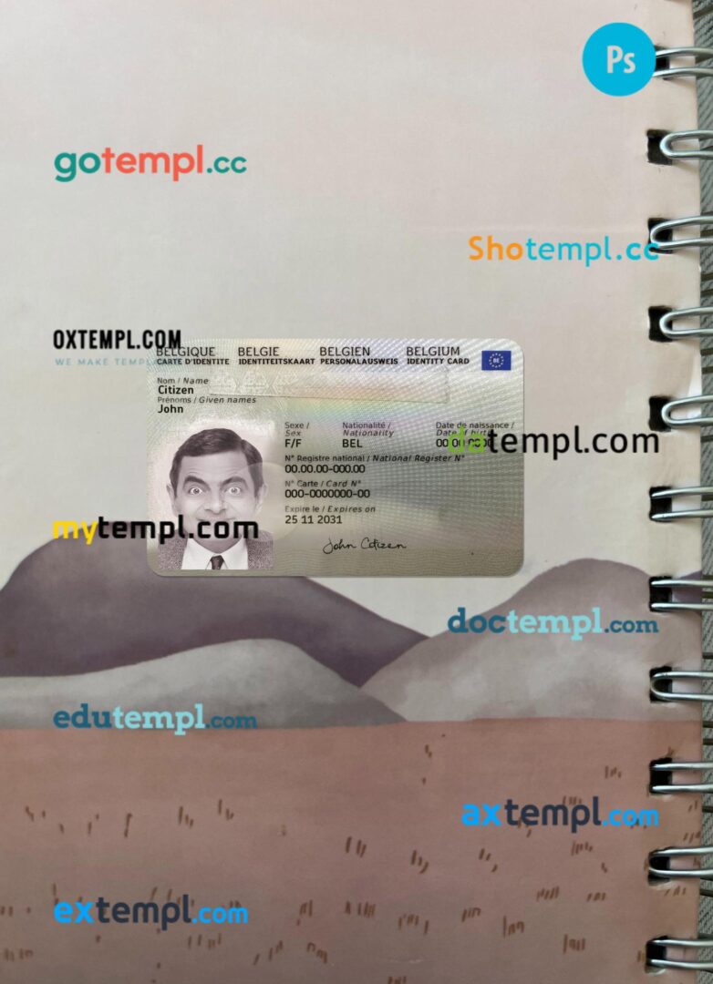Belgium ID editable PSD files, scan look and photo-realistic look, 2 in 1, 2021- present