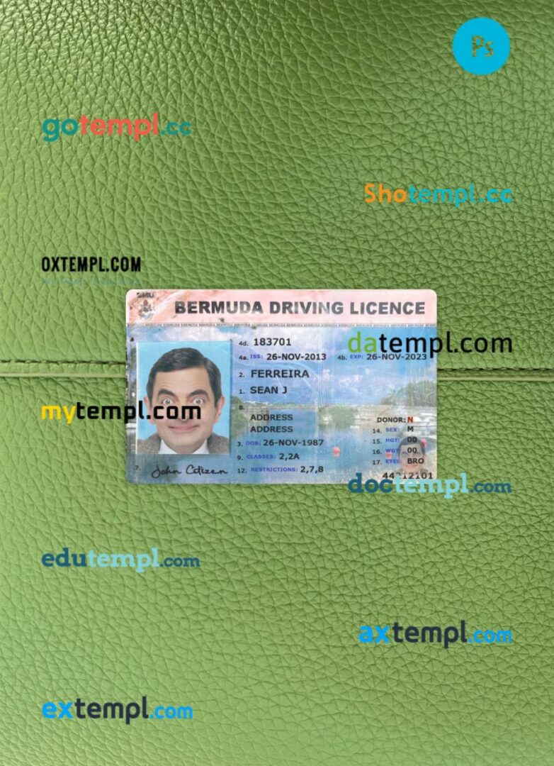Bermuda driving license PSD files, scan look and photographed image, 2 in 1