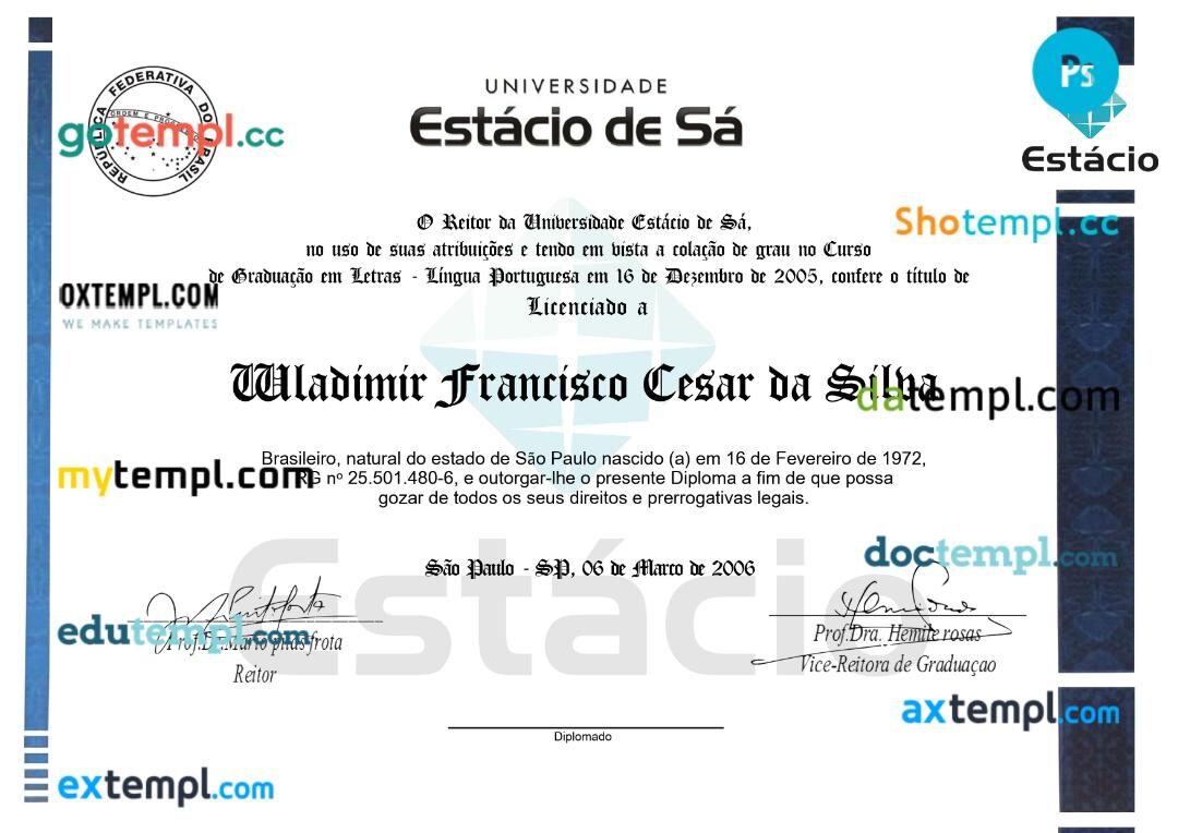 Brazil Estacio de sa universidade diploma template in PSD format