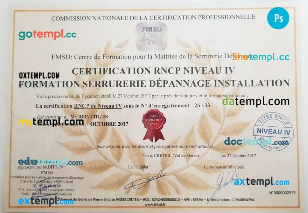 France FMSD diploma certificate template in PSD format