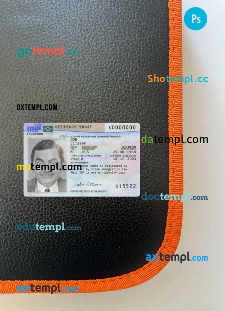 Ireland residence permit editable PSD files, scan look and photo-realistic look, 2 in 1, 2021-present