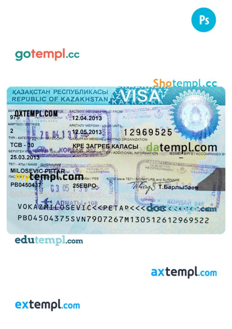 Kazakhstan travel visa template in PSD format